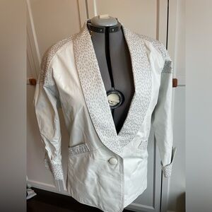 White leather vintage jacket with silver leopard print accents